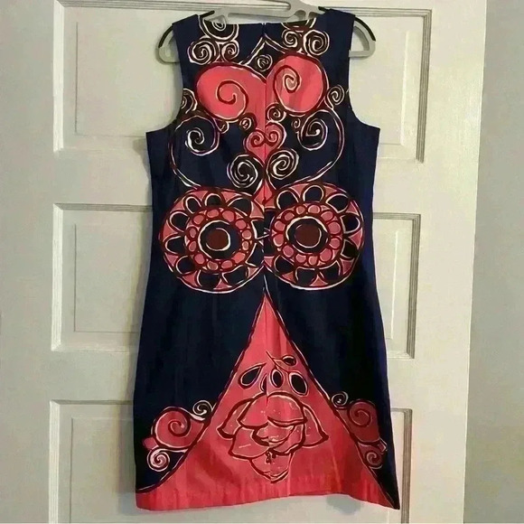 Trina Turk Sleeveless Shift Midi Dress Size 8 Navy Pink Abstract Career Shower - Picture 8 of 13